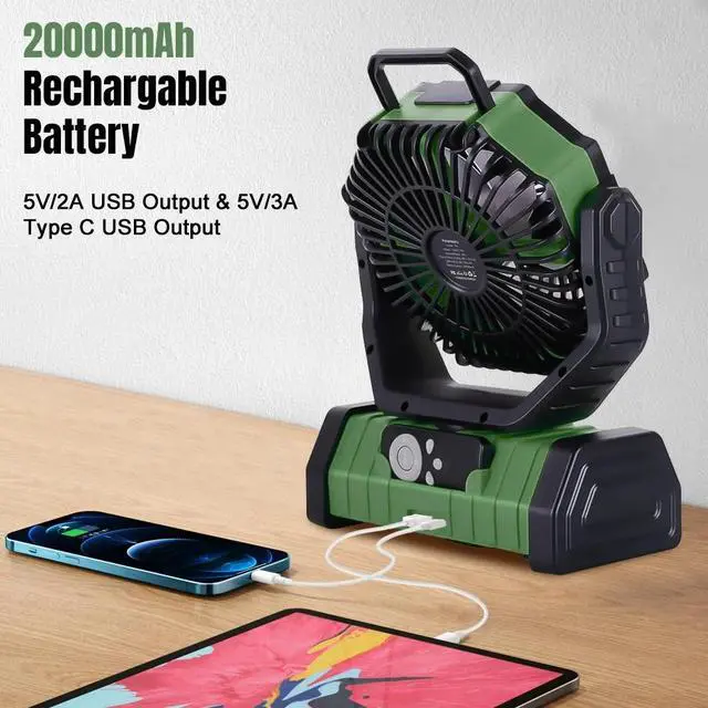 Alt view image 5 of 7 - Portable Rechargeable Fan 20000mAh Camping Fan with LED Light & Remote 4 Speeds