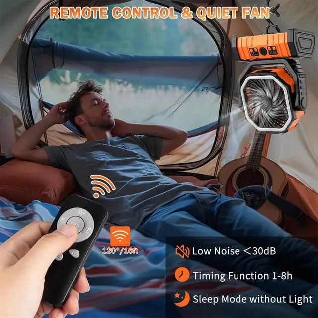 Alt view image 3 of 7 - 20000mAh Camping Fan w/ LED Lantern - Rechargeable Fan, Auto-Oscillating, Remote