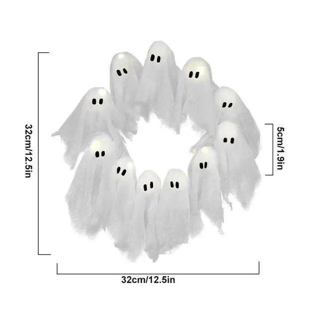 Alt view image 7 of 7 - Ghost Halloween Wreath for Front Door LED Light-Up White Ghost Garland