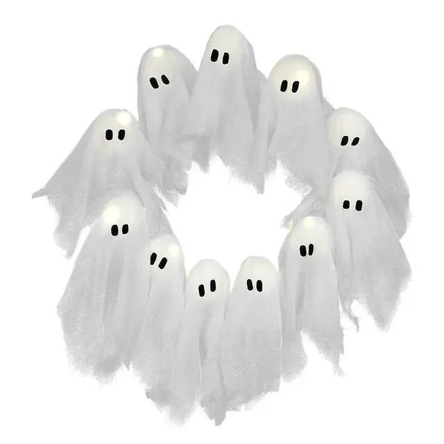 Alt view image 2 of 7 - Ghost Halloween Wreath for Front Door LED Light-Up White Ghost Garland