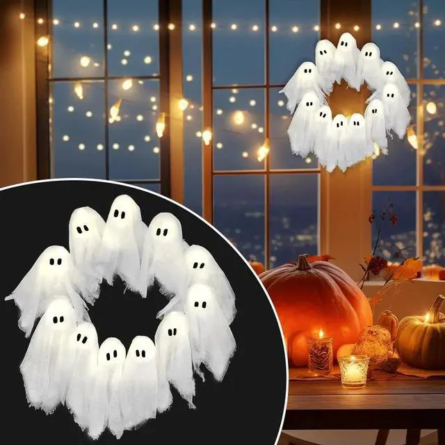 Alt view image 4 of 7 - Ghost Halloween Wreath for Front Door LED Light-Up White Ghost Garland