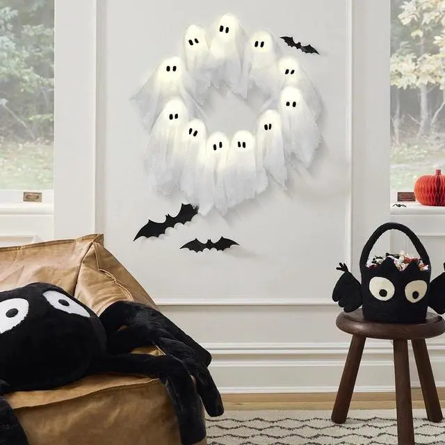 Alt view image 5 of 7 - Ghost Halloween Wreath for Front Door LED Light-Up White Ghost Garland