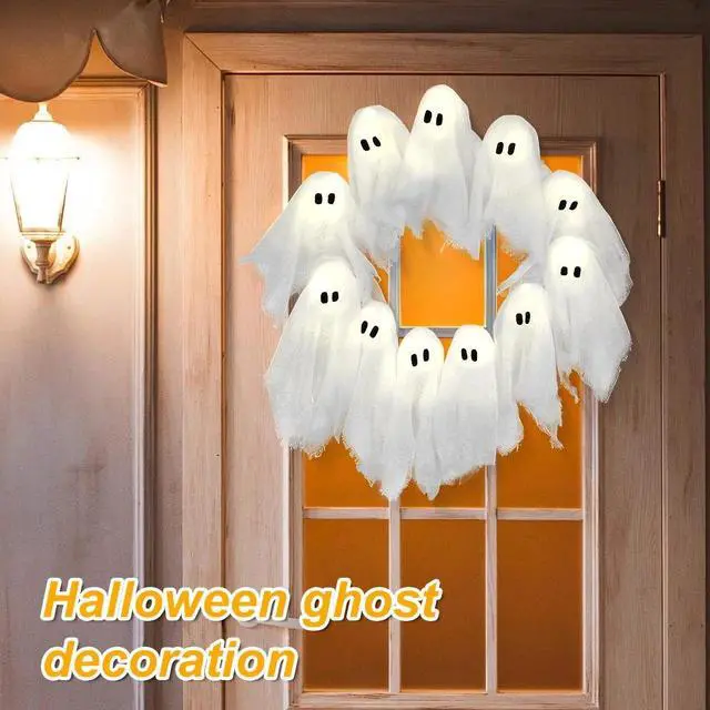 Alt view image 6 of 7 - Ghost Halloween Wreath for Front Door LED Light-Up White Ghost Garland
