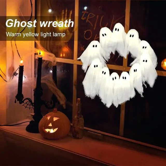 Alt view image 3 of 7 - Ghost Halloween Wreath for Front Door LED Light-Up White Ghost Garland