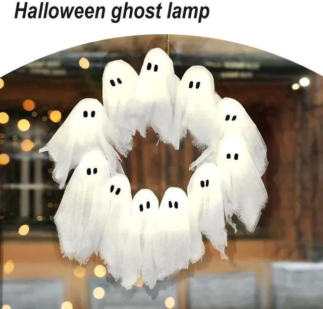 Main image of Ghost Halloween Wreath for Front Door LED Light-Up White Ghost Garland