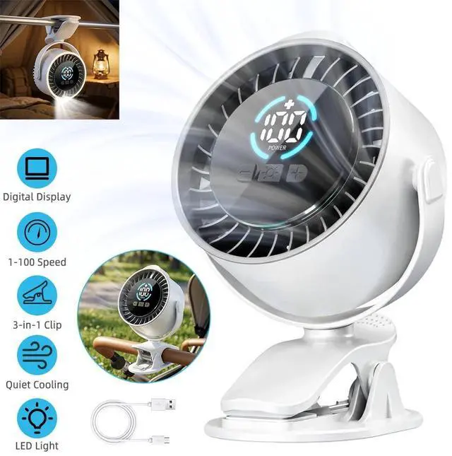 Main image of 100 Speed 360° Adjustment Rechargeable Clip On Fan With LED Night Light (WHITE)