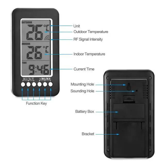 Alt view image 5 of 7 - Wall Alarm Clock Temperature Digital Thermometer Indoor Outdoor Weather Station