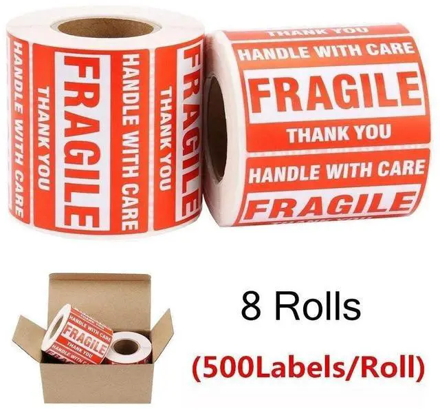 Main image of 4000 Fragile Stickers 2x3 HANDLE WITH CARE THANK YOU Red Warning Labels 8 Rolls