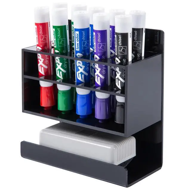 Alt view image 2 of 6 - 2-Tier Black Acrylic 10-Slot Dry Erase Whiteboard Marker and Eraser Wall-Mounted