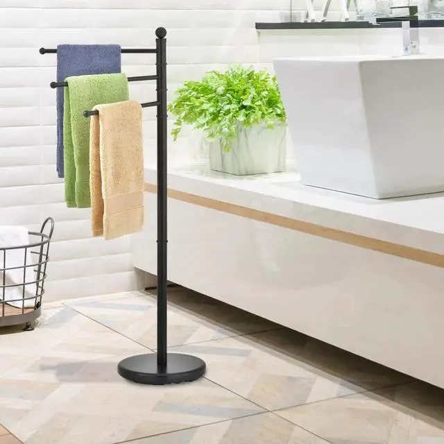 Alt view image 2 of 6 - 40 Inch Towel Hanging Rack Stand Freestanding Bathroom Black Metal Towel Rack