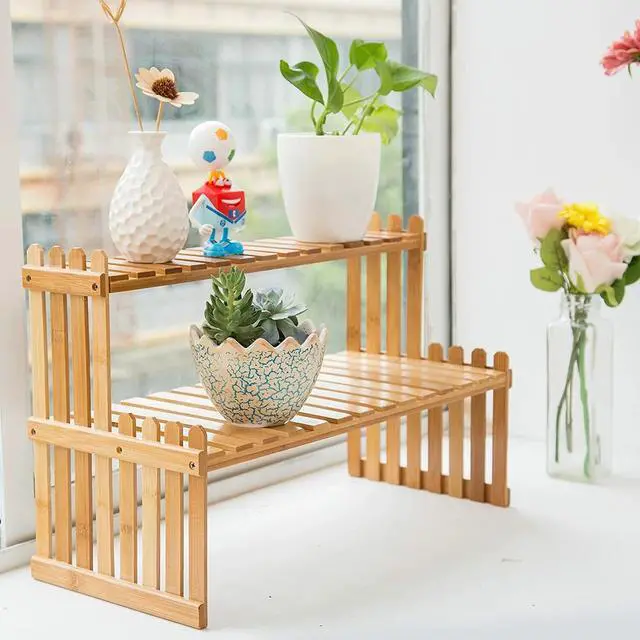 Alt view image 4 of 7 - Tabletop Natural Bamboo Plant Stand, 2 Tier Desktop Shelf Rack