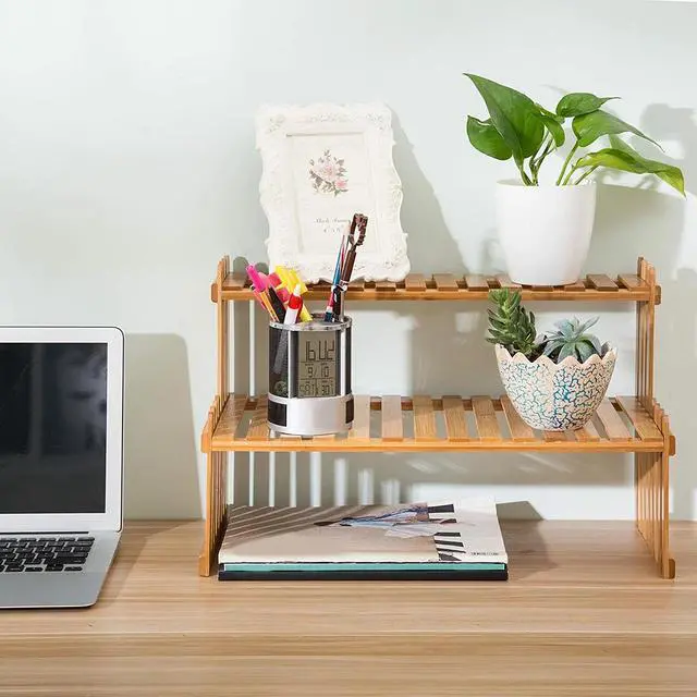 Alt view image 3 of 7 - Tabletop Natural Bamboo Plant Stand, 2 Tier Desktop Shelf Rack