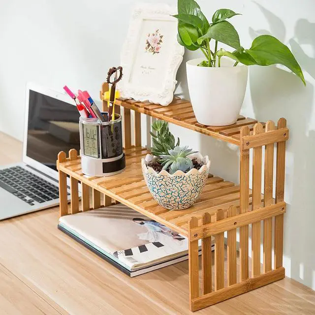 Alt view image 2 of 7 - Tabletop Natural Bamboo Plant Stand, 2 Tier Desktop Shelf Rack