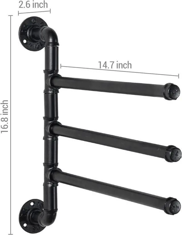 Alt view image 4 of 7 - Wall Mounted Black Metal Towel Rack w/ Industrial Pipe & 3 Bar, Tower Holder