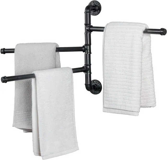 Alt view image 2 of 7 - Wall Mounted Black Metal Towel Rack w/ Industrial Pipe & 3 Bar, Tower Holder