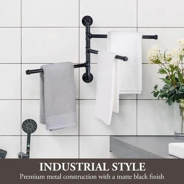 Alt view image 3 of 7 - Wall Mounted Black Metal Towel Rack w/ Industrial Pipe & 3 Bar, Tower Holder