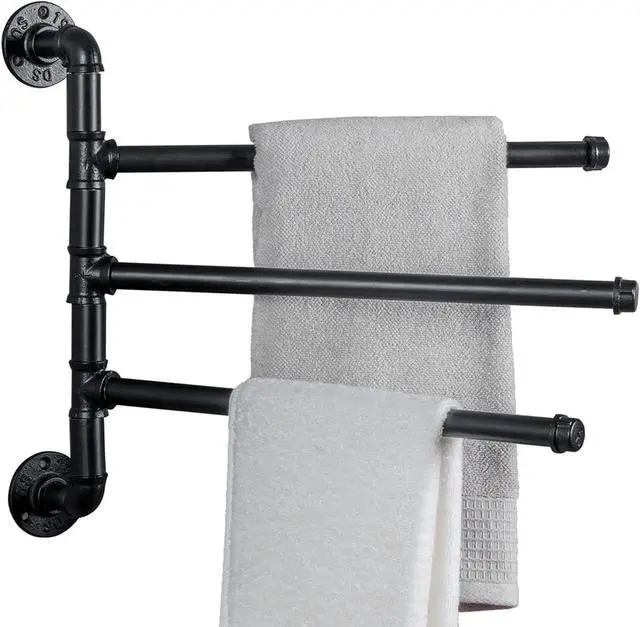 Main image of Wall Mounted Black Metal Towel Rack w/ Industrial Pipe & 3 Bar, Tower Holder