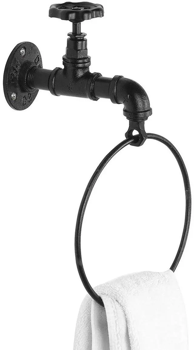 Main image of Wall Mounted Rustic Industrial Faucet Design Bath Black Metal Towel Ring