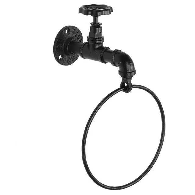 Alt view image 5 of 5 - Wall Mounted Rustic Industrial Faucet Design Bath Black Metal Towel Ring
