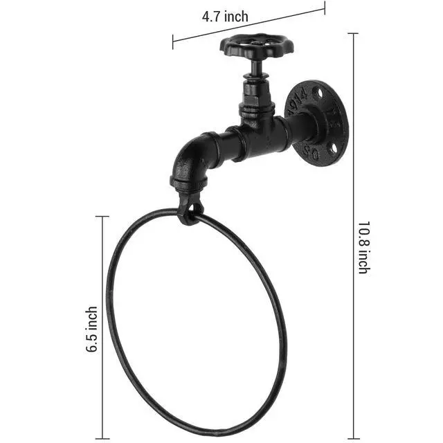 Alt view image 4 of 5 - Wall Mounted Rustic Industrial Faucet Design Bath Black Metal Towel Ring