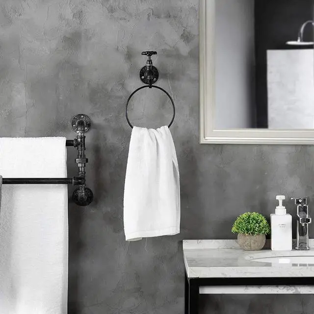 Alt view image 3 of 5 - Wall Mounted Rustic Industrial Faucet Design Bath Black Metal Towel Ring