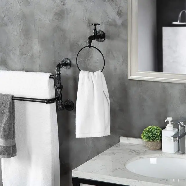 Alt view image 2 of 5 - Wall Mounted Rustic Industrial Faucet Design Bath Black Metal Towel Ring