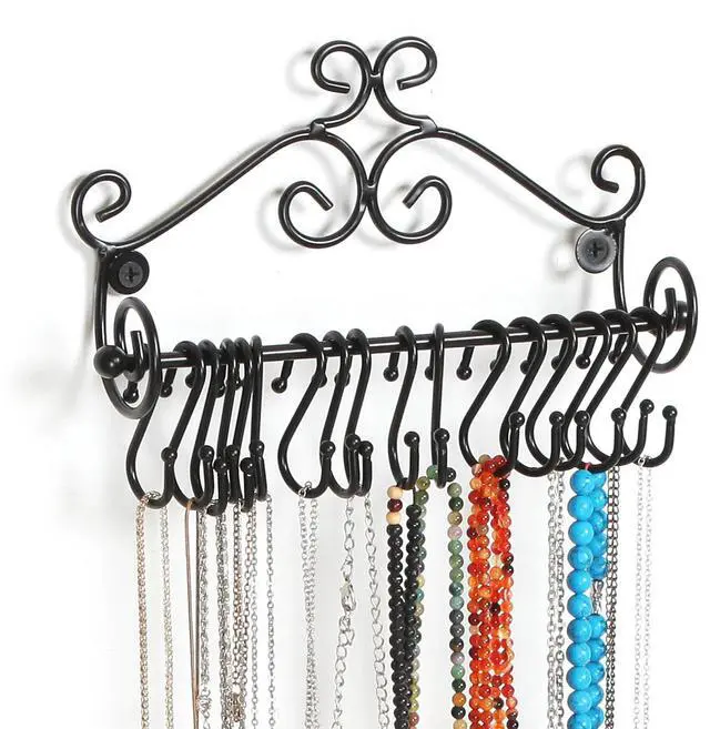 Main image of Wall Mounted Black Metal Jewelry Organizer, Necklace Storage Rack w/ 20 S-Hooks
