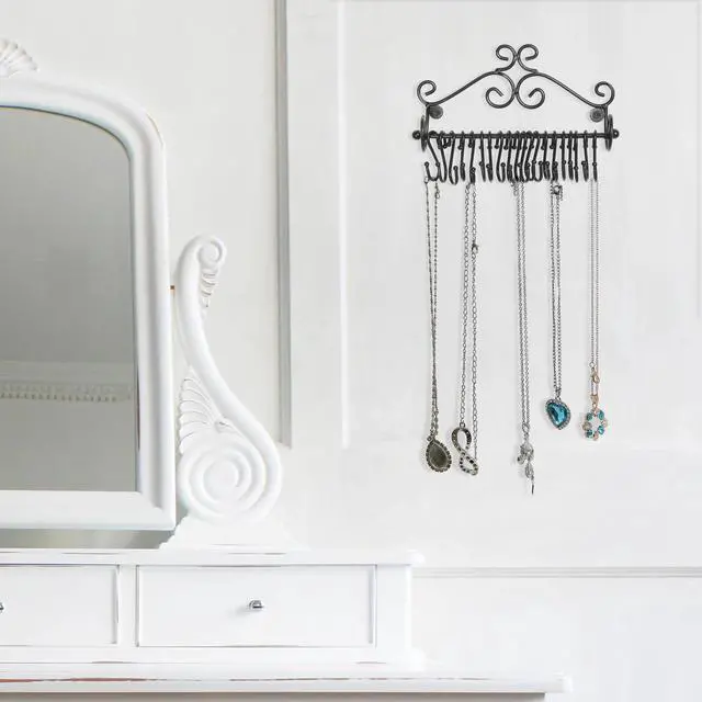 Alt view image 4 of 6 - Wall Mounted Black Metal Jewelry Organizer, Necklace Storage Rack w/ 20 S-Hooks