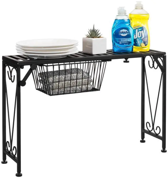 Main image of Black Metal Expandable Over-The-Sink Storage Shelf Rack w/Pull-Out Drawer