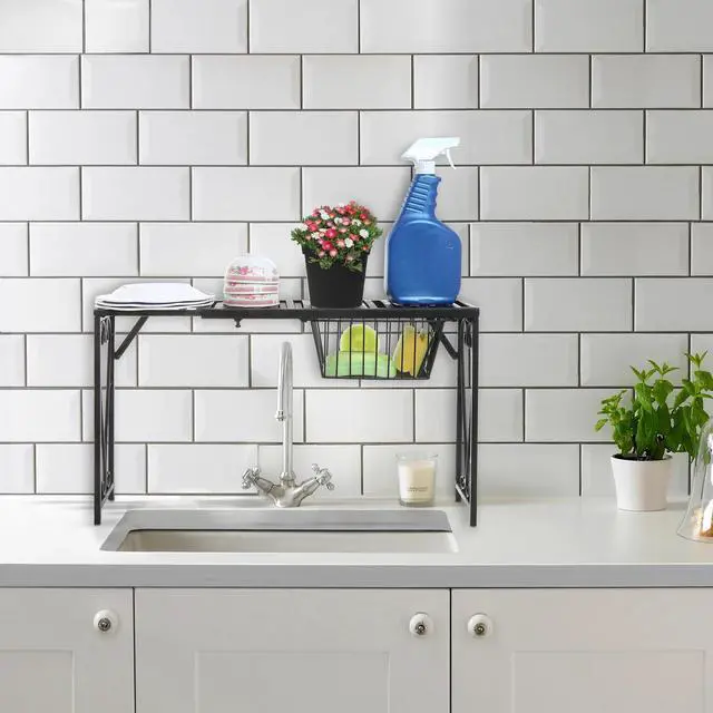Alt view image 2 of 7 - Black Metal Expandable Over-The-Sink Storage Shelf Rack w/Pull-Out Drawer