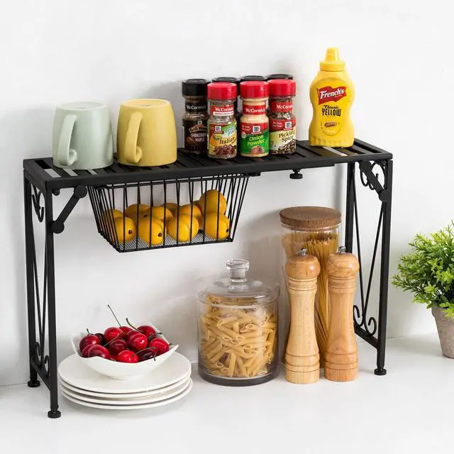 Alt view image 3 of 7 - Black Metal Expandable Over-The-Sink Storage Shelf Rack w/Pull-Out Drawer