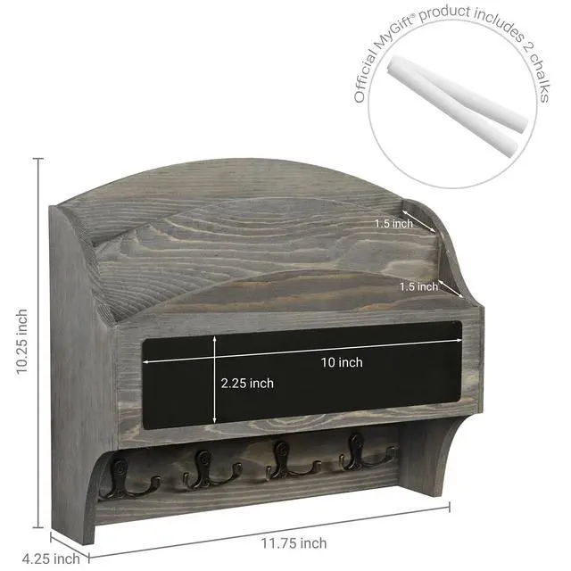 Alt view image 7 of 7 - 2 Slot Vintage Gray Wood Wall Mail Rack with Chalkboard and 8 Key Hooks