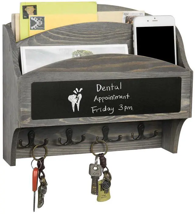 Main image of 2 Slot Vintage Gray Wood Wall Mail Rack with Chalkboard and 8 Key Hooks