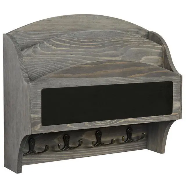 Alt view image 6 of 7 - 2 Slot Vintage Gray Wood Wall Mail Rack with Chalkboard and 8 Key Hooks