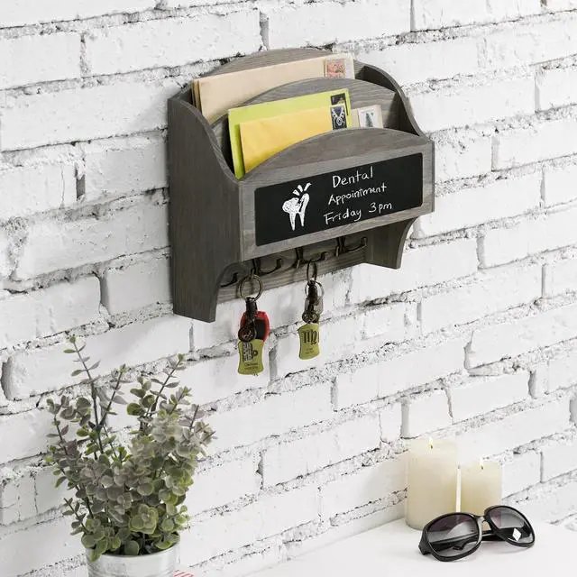 Alt view image 4 of 7 - 2 Slot Vintage Gray Wood Wall Mail Rack with Chalkboard and 8 Key Hooks