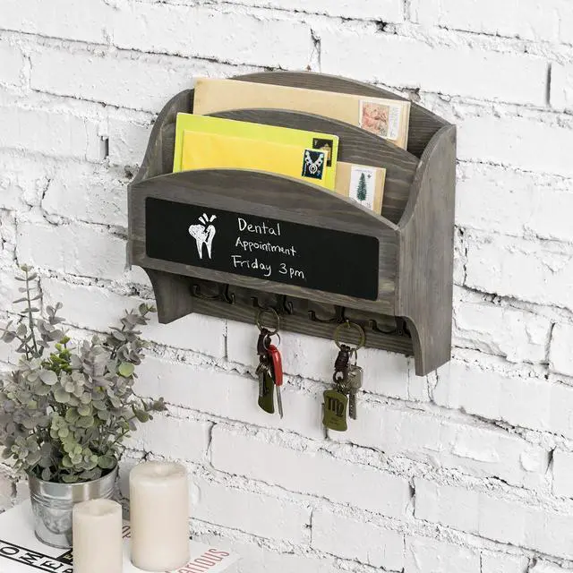 Alt view image 2 of 7 - 2 Slot Vintage Gray Wood Wall Mail Rack with Chalkboard and 8 Key Hooks