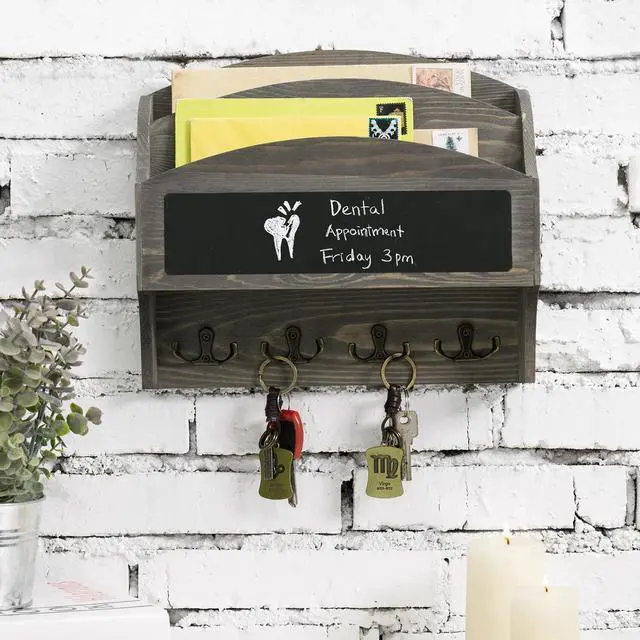 Alt view image 3 of 7 - 2 Slot Vintage Gray Wood Wall Mail Rack with Chalkboard and 8 Key Hooks