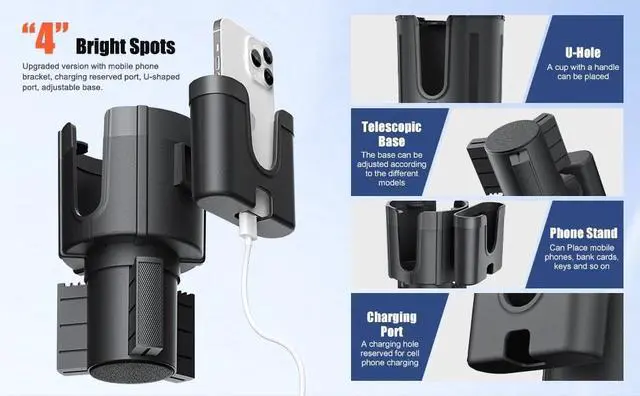 Alt view image 2 of 7 - 2-in-1 Car Cup Holder Expander Adapter with Phone Holder Organizer For Drinks US