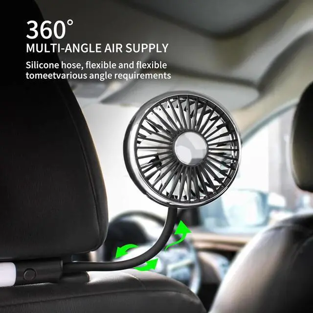 Alt view image 4 of 7 - USB Car Fan for Backseat Dual Head Cooling Fan LED Light 3 Speeds 360° Rotatable
