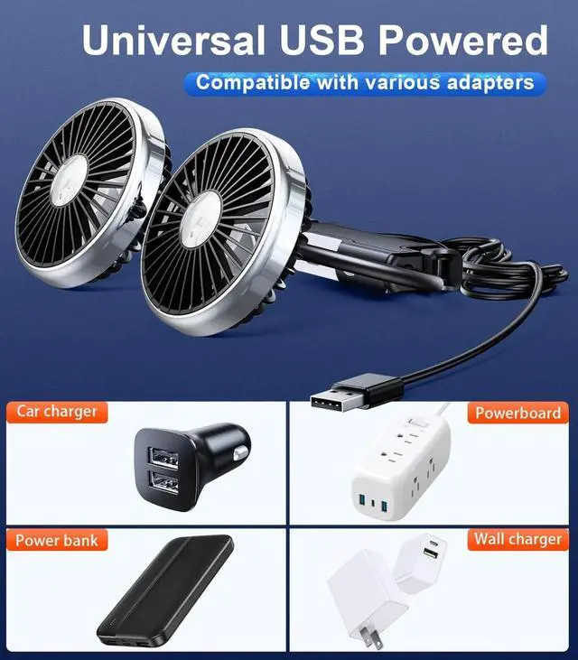 Alt view image 7 of 7 - USB Car Fan for Backseat Dual Head Cooling Fan LED Light 3 Speeds 360° Rotatable