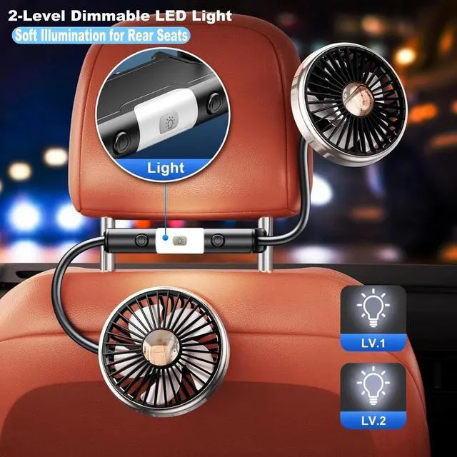 Alt view image 6 of 7 - USB Car Fan for Backseat Dual Head Cooling Fan LED Light 3 Speeds 360° Rotatable