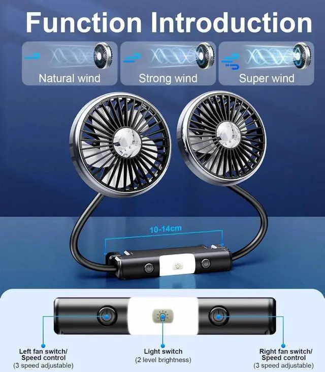 Alt view image 5 of 7 - USB Car Fan for Backseat Dual Head Cooling Fan LED Light 3 Speeds 360° Rotatable