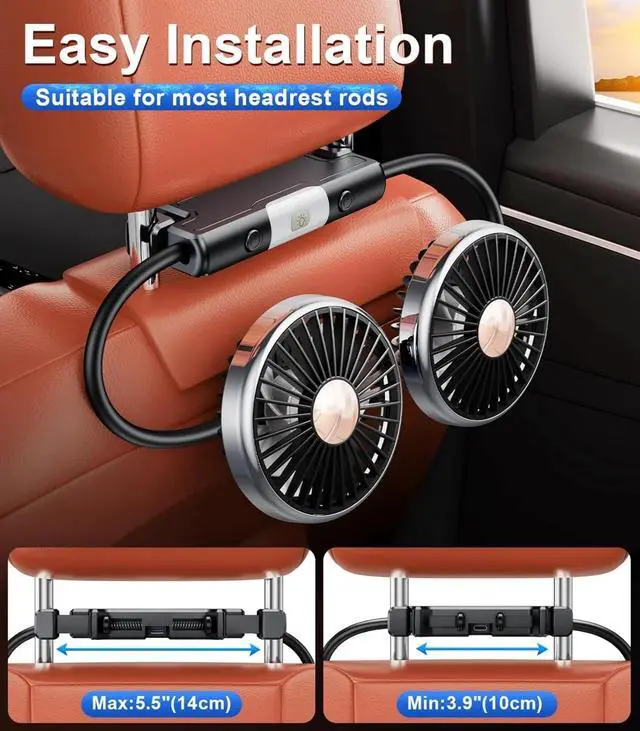 Alt view image 2 of 7 - USB Car Fan for Backseat Dual Head Cooling Fan LED Light 3 Speeds 360° Rotatable