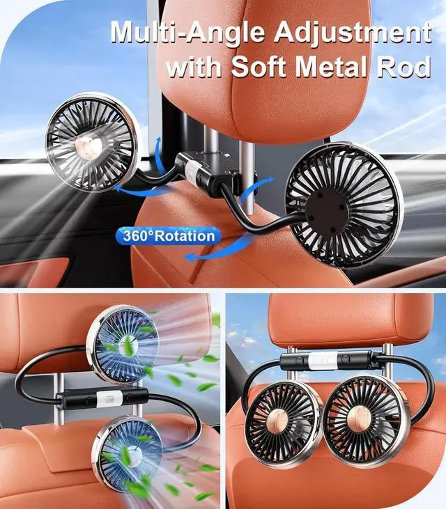 Alt view image 3 of 7 - USB Car Fan for Backseat Dual Head Cooling Fan LED Light 3 Speeds 360° Rotatable