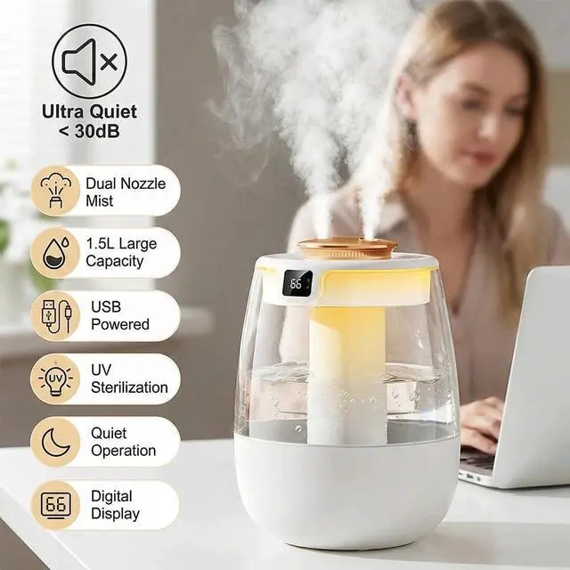 Alt view image 2 of 7 - Humidifiers for Bedroom 1.5L Cool Mist Ultrasonic Air Humidifier with Top Fill