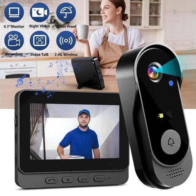 Alt view image 2 of 7 - 2.4G Wireless Video Doorbell Intercom System 1080P HD Camera w/ 4.3" IPS Screen