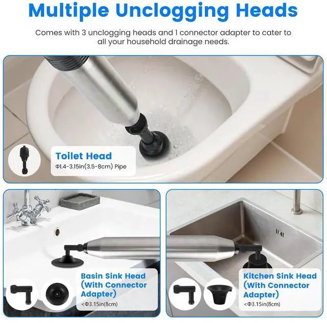 Alt view image 4 of 7 - Toilet Plunger Drain Clog Remover High Pressure Air Drain Blaster Gun Tool