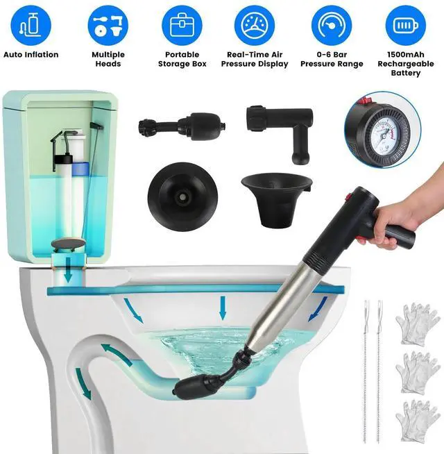 Alt view image 2 of 7 - Toilet Plunger Drain Clog Remover High Pressure Air Drain Blaster Gun Tool
