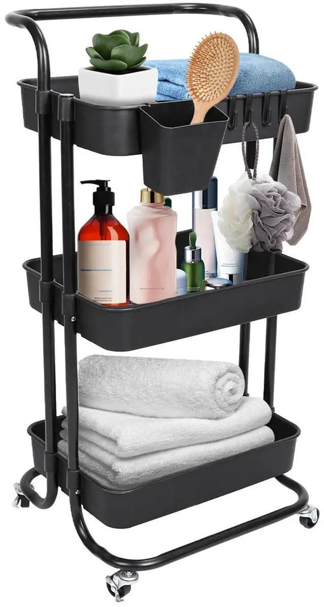 Alt view image 2 of 7 - 3 Tier Rolling Utility Cart Movable Storage Organizer w/ Baskets Lockable Wheels