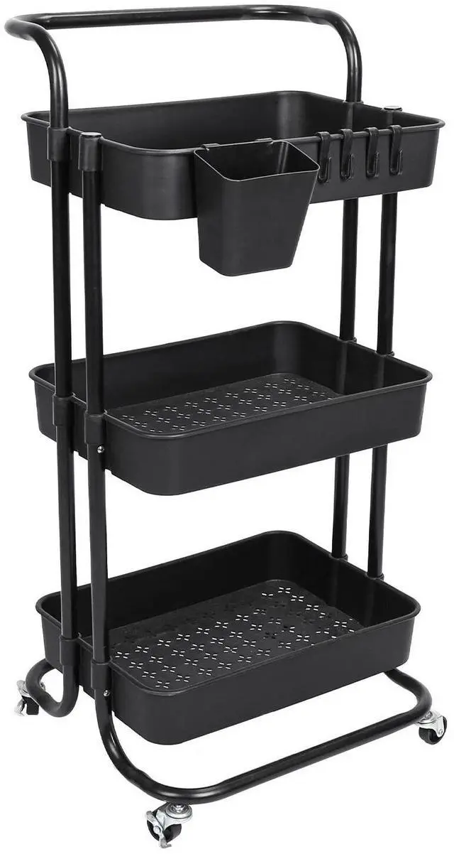 Alt view image 3 of 7 - 3 Tier Rolling Utility Cart Movable Storage Organizer w/ Baskets Lockable Wheels